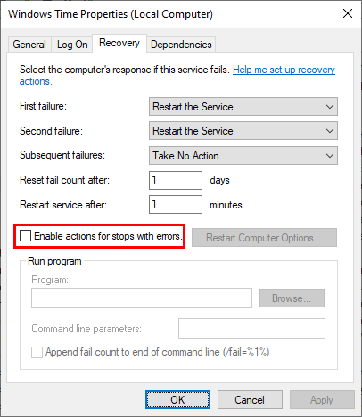 Win32 Service Recovery Action Settings