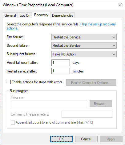 Win32 Service Recovery Action Settings